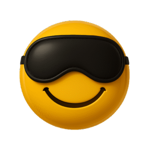 smiley endormi portant un masque de nuit noir, symbole de détente et sommeil réparateur qui a profité de son soin pendant la nuit grâce à la routine du soir Skincare La Muse.