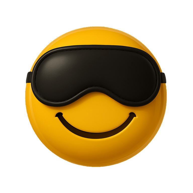 smiley endormi portant un masque de nuit noir, symbole de détente et sommeil réparateur qui a profité de son soin pendant la nuit grâce à la routine du soir Skincare La Muse.